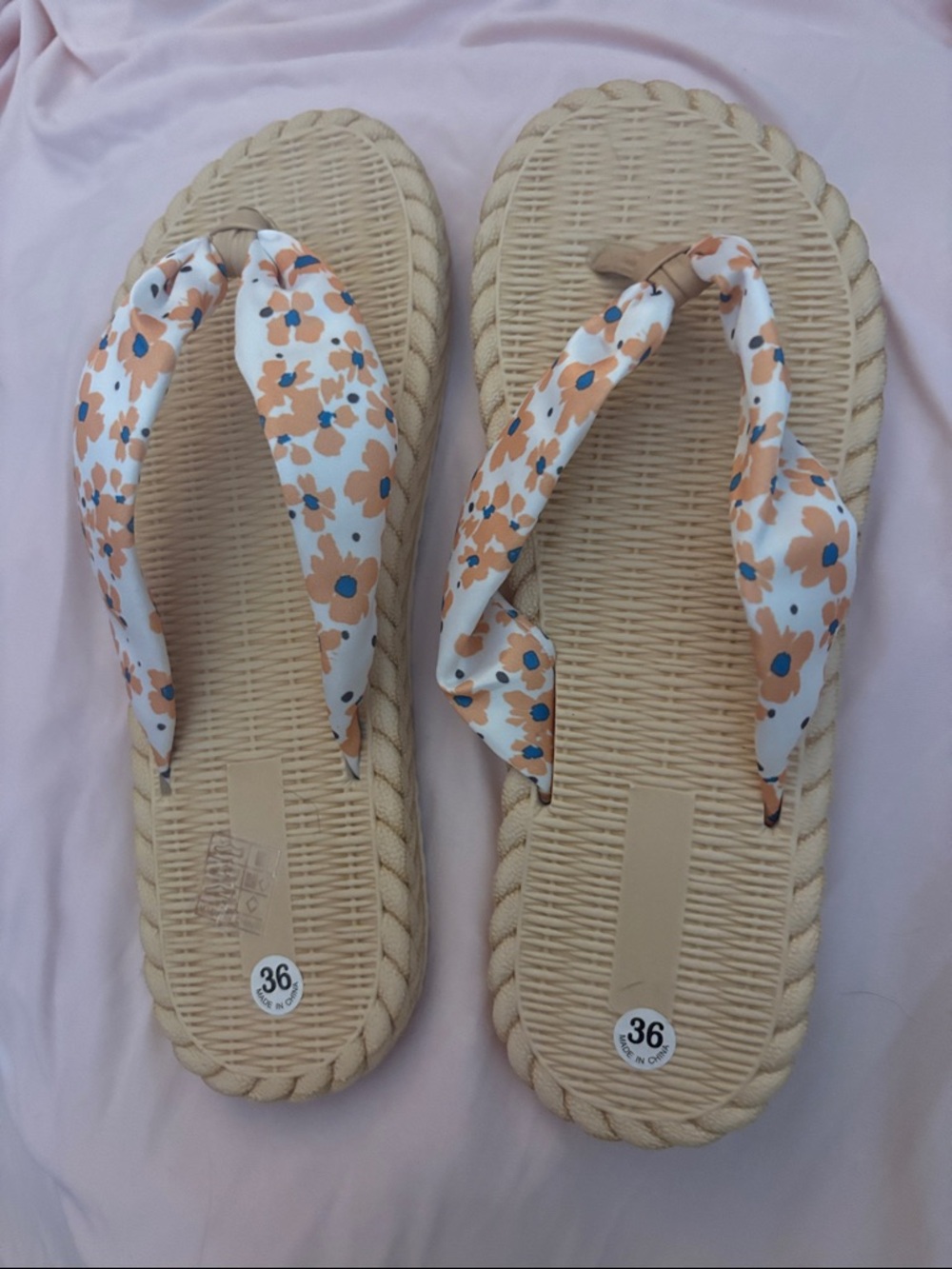 Yellow Floral and White Flip Flops Size 6